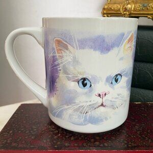 Vintage White Fluffy Cat Kitten Cats Blue eyes Golden eyes Applause 80s 90s Mug